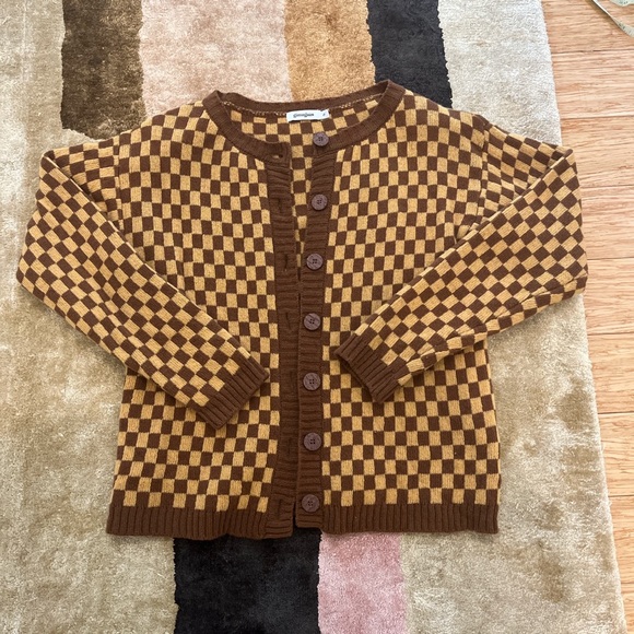 Gimaguas Sweaters - Gimaguas Brown and Mustard Checkered Cardigan Sweater